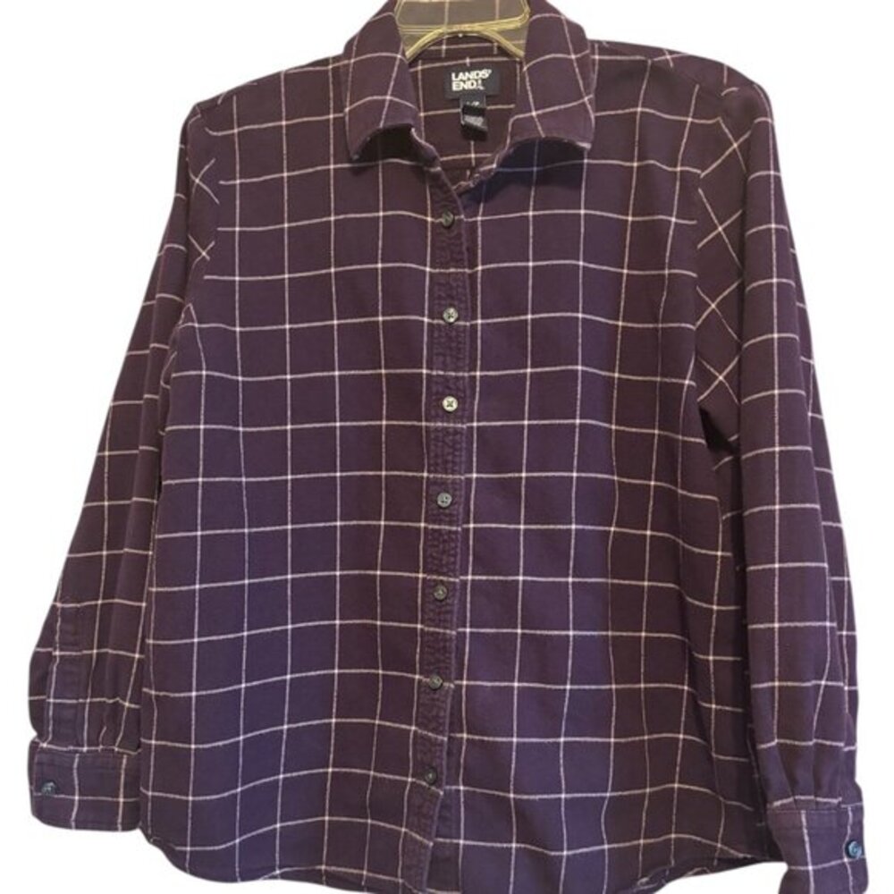 Lands End Women's Purple Casual Button Flannel Shirt Large L/P